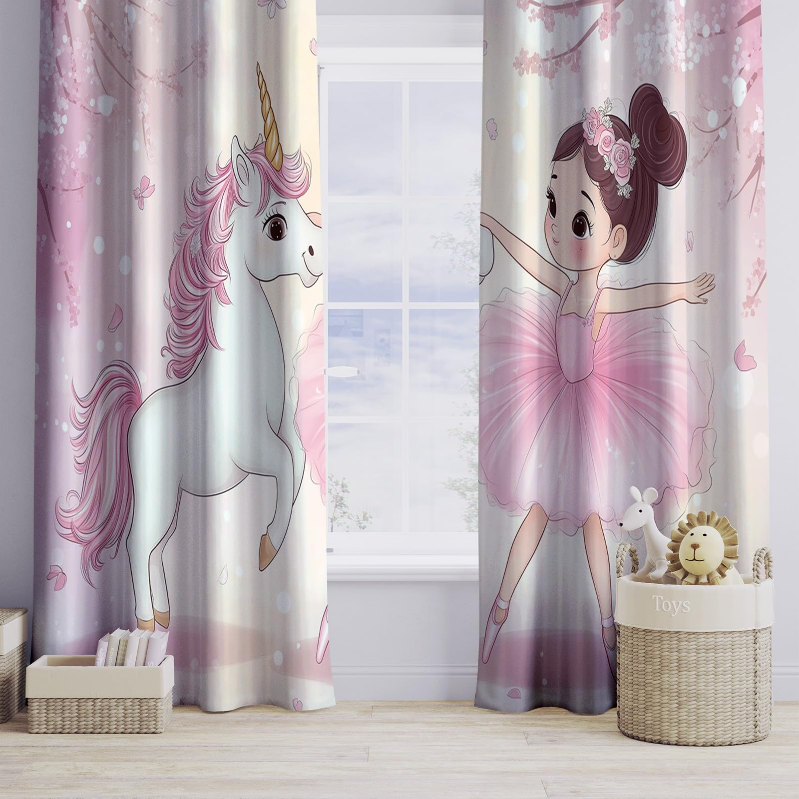Générique Rideau Occultant Thermique Fille Ballerine De Dessin Animé avec Une Licorne L 140 X H 245 cm Rideau Occultant Opaque imprimés en 3D, Oeillets Lot de 2 Isolant Chambre Enfant