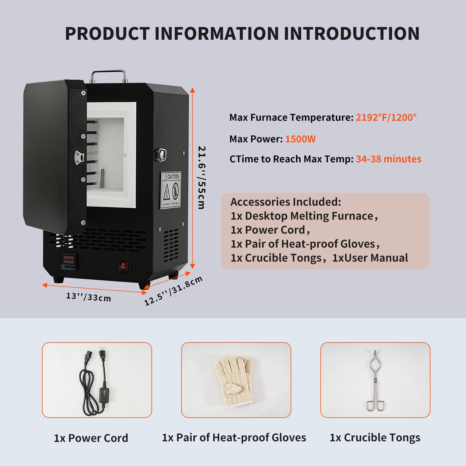 Horno eléctrico programable de 1500 W con control de temperatura multietapa, 1200 ℃/1,200.0 °C máximo, horno de fusión de mesa compacto para hacer joyas, fundición de metal, acristalamiento de