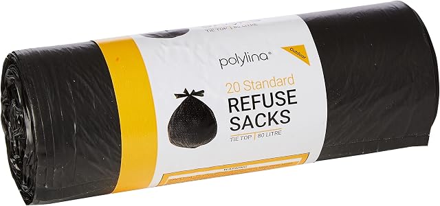 Polylina 20 Tie Top Refuse Sacks Bin Bags, Recycled Plastic, Black, 80 Litre