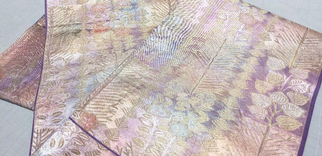 帯 金 メタリック紫 パール 花柄 植物