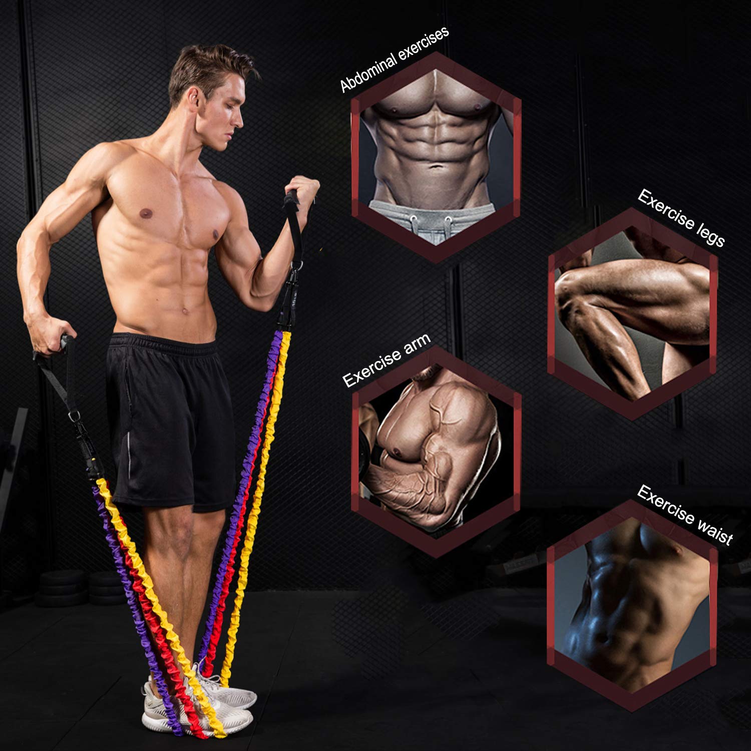 Rocutus - Set di 15 fasce elastiche di resistenza per esercizi, con guaine protettive in nylon anti-scatto, da 9,1 kg a 18,1 kg, cinghie di ancoraggio per porta fino a 68 kg