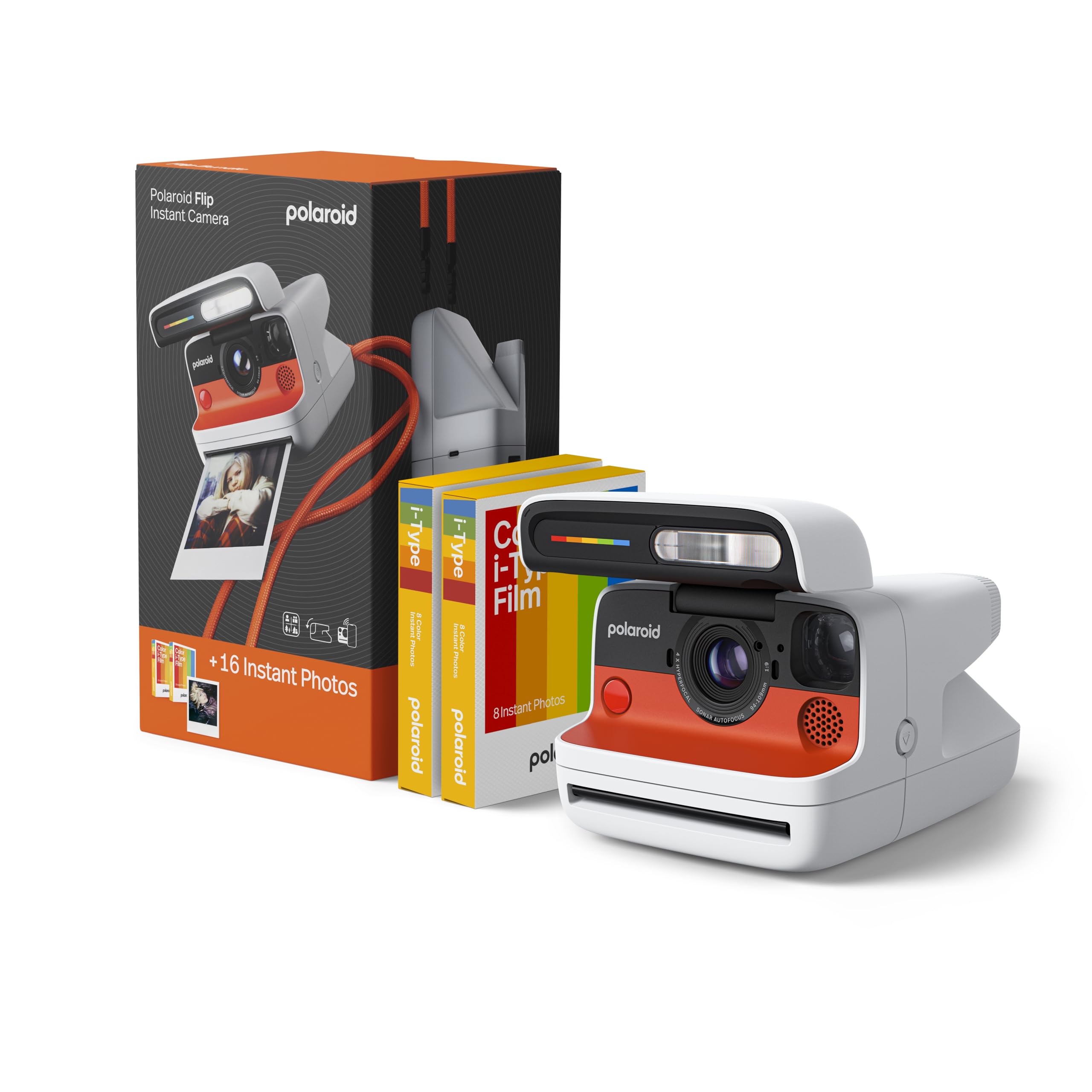 Polaroid Flip Instant Camera + Color Film Bundle (16 Photos Included) - White (6652) - Hyperfocal 4-Lens System, Sonar autofocus, and Sence Analysis