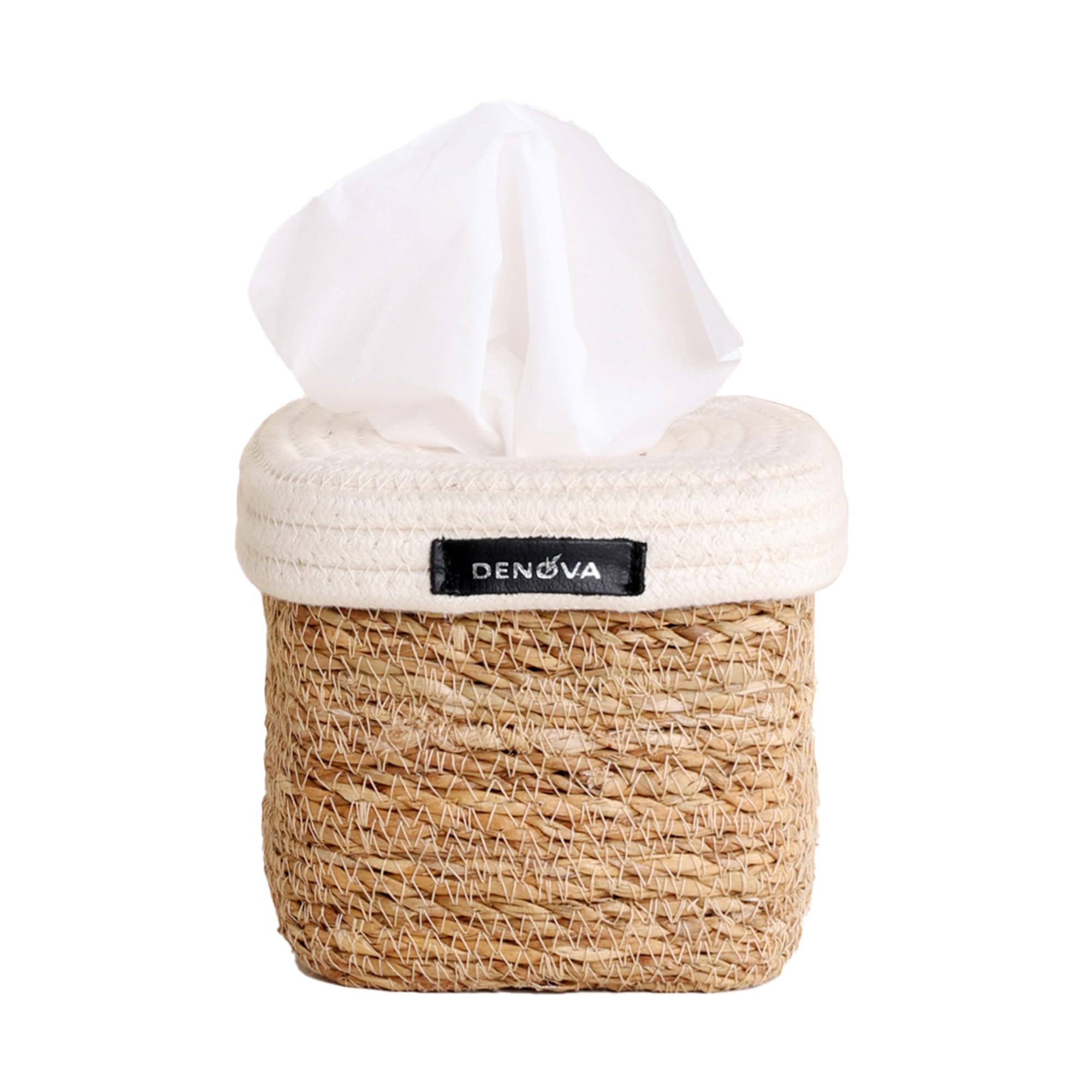 DENOVA Seagrass Tissue Box Holder, Handcrafted Tissue Container for 100 Pulls Paper Towel Dispenser for Office Living Bedroom Car Desk Dining Table Home Decor Organizer (Seagrass + Cream Tissue)