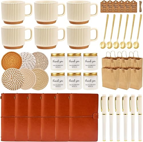 Premios de baby shower para ganadores del juego, 6 juegos de baby shower, premios de cerámica con cucharas de metal, posavasos tejidos, cuadernos