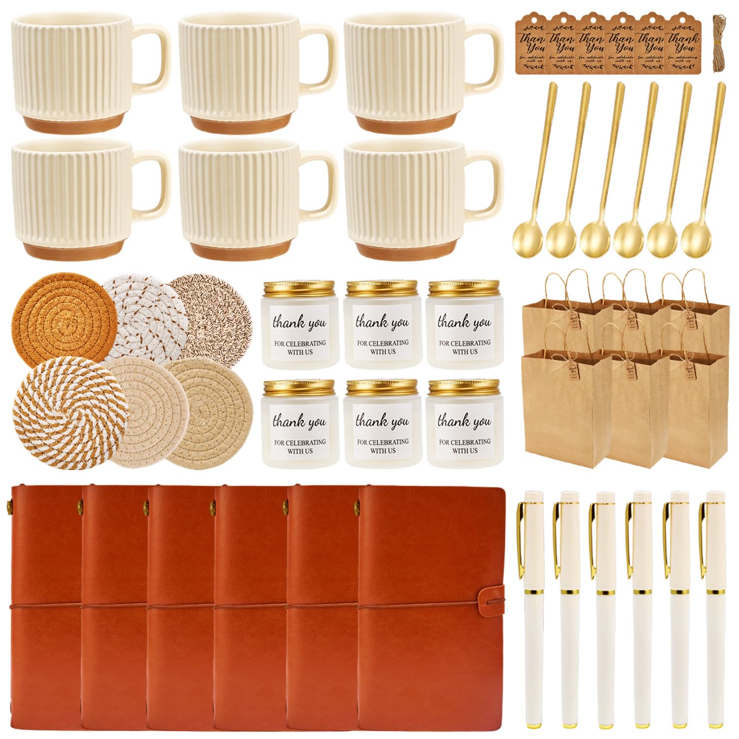 Cadeaux de mariage pour invités : 6 tasses en céramique avec bougies parfumées et sacs