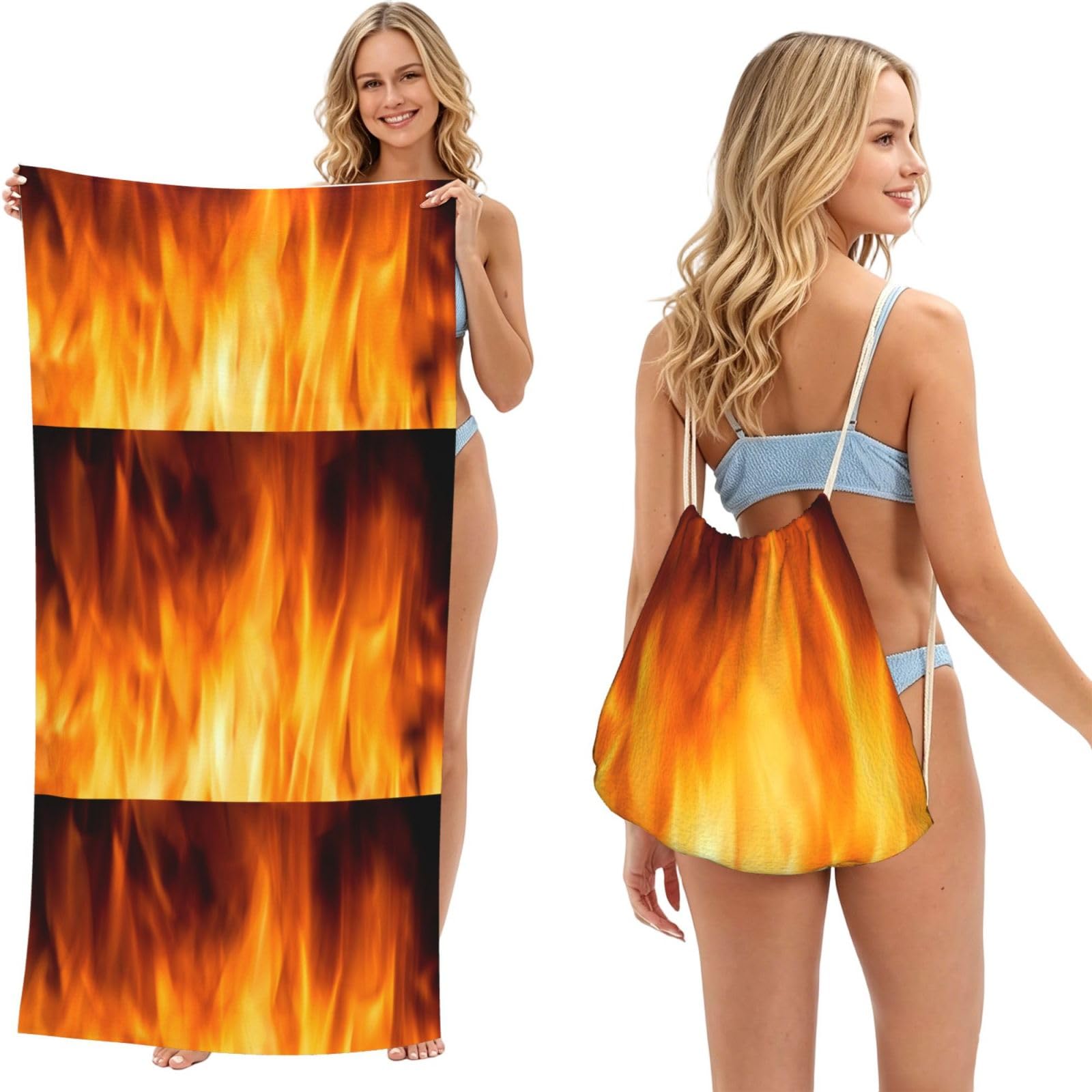 Poadnly As Picture Colorful Fire Flame, 2 In 1 Packable Towel Bag, Beach Towels With Drawstring Backpack For Travel Holiday Camping