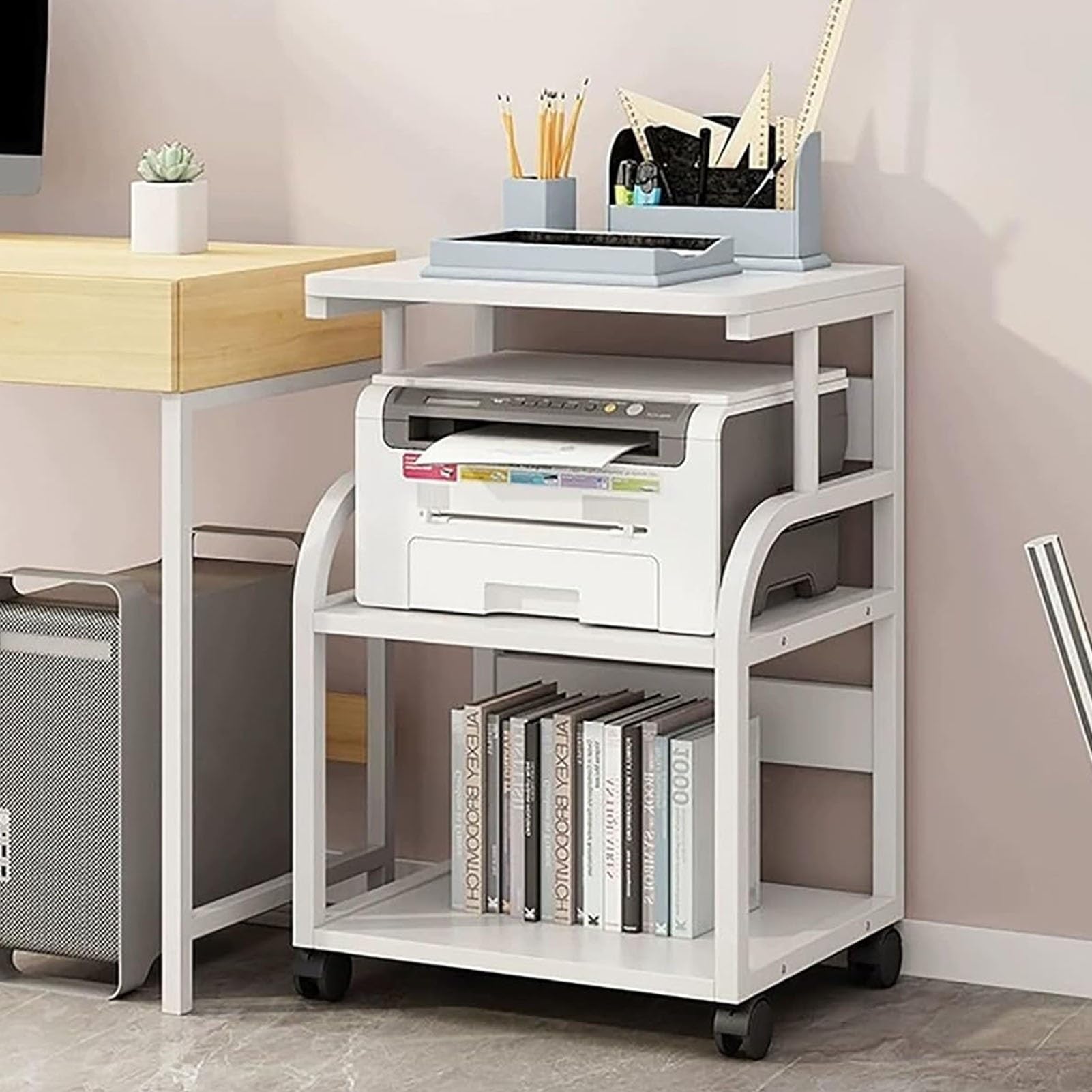 Carrello multifunzione per stampante su ruote, ripiano a 2/3/4 ripiani per forniture per ufficio, supporto per stampante resistente, elegante bianco e noce, perfetto per uso domestico e ufficio