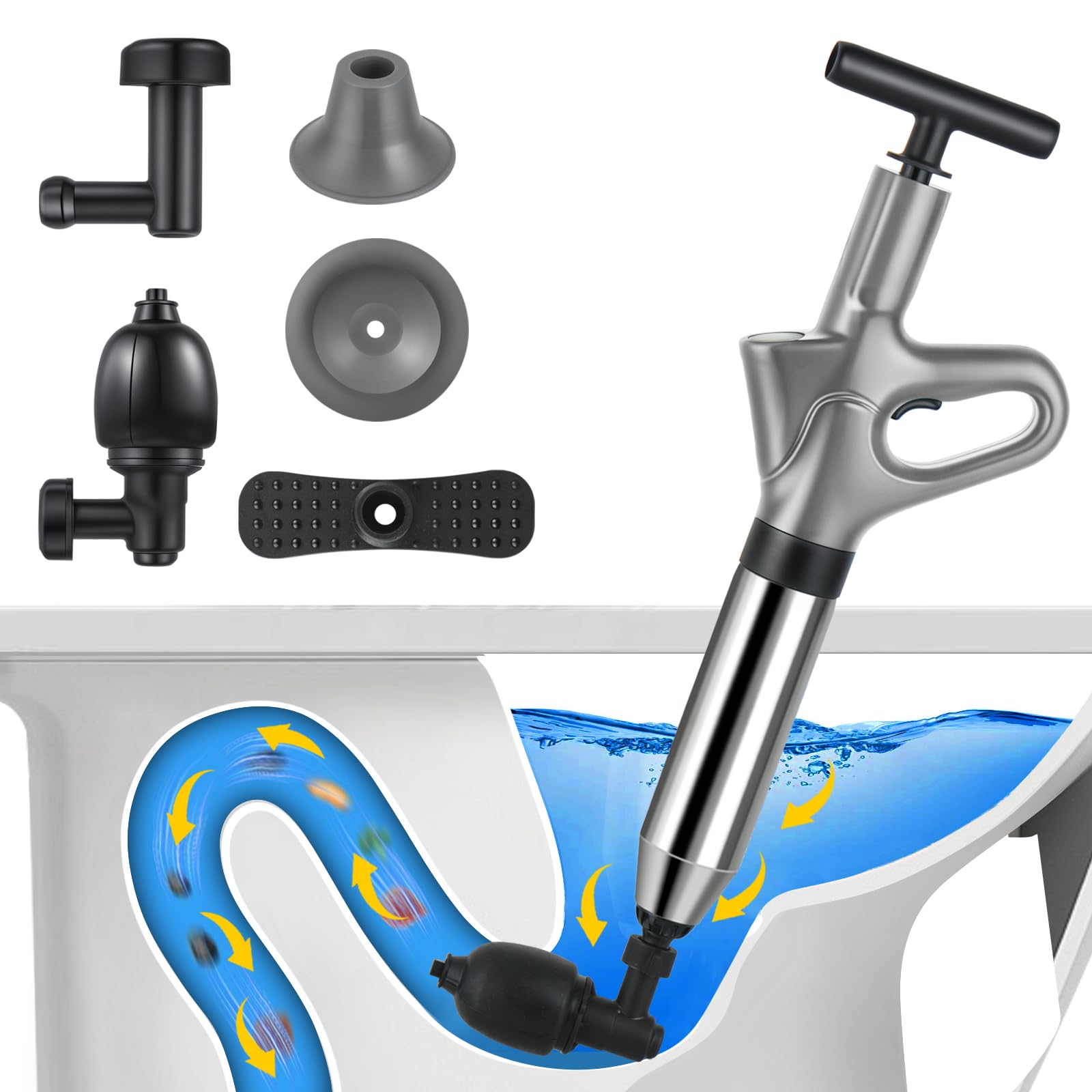 Toilet Plunger, Sink Unblocker with Barometer, Toilet Plunger with Four Different Suction Cups, Suitable for Bathrooms Toilets, Sinks