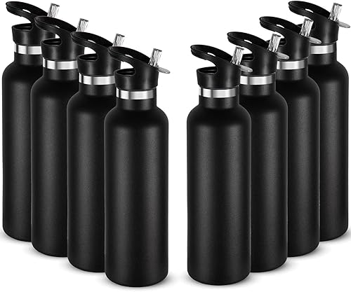 Neihepal Botellas de agua aisladas de 24 onzas a granel, paquete de 8 botellas deportivas de doble pared de acero inoxidable con tapa con pajilla,