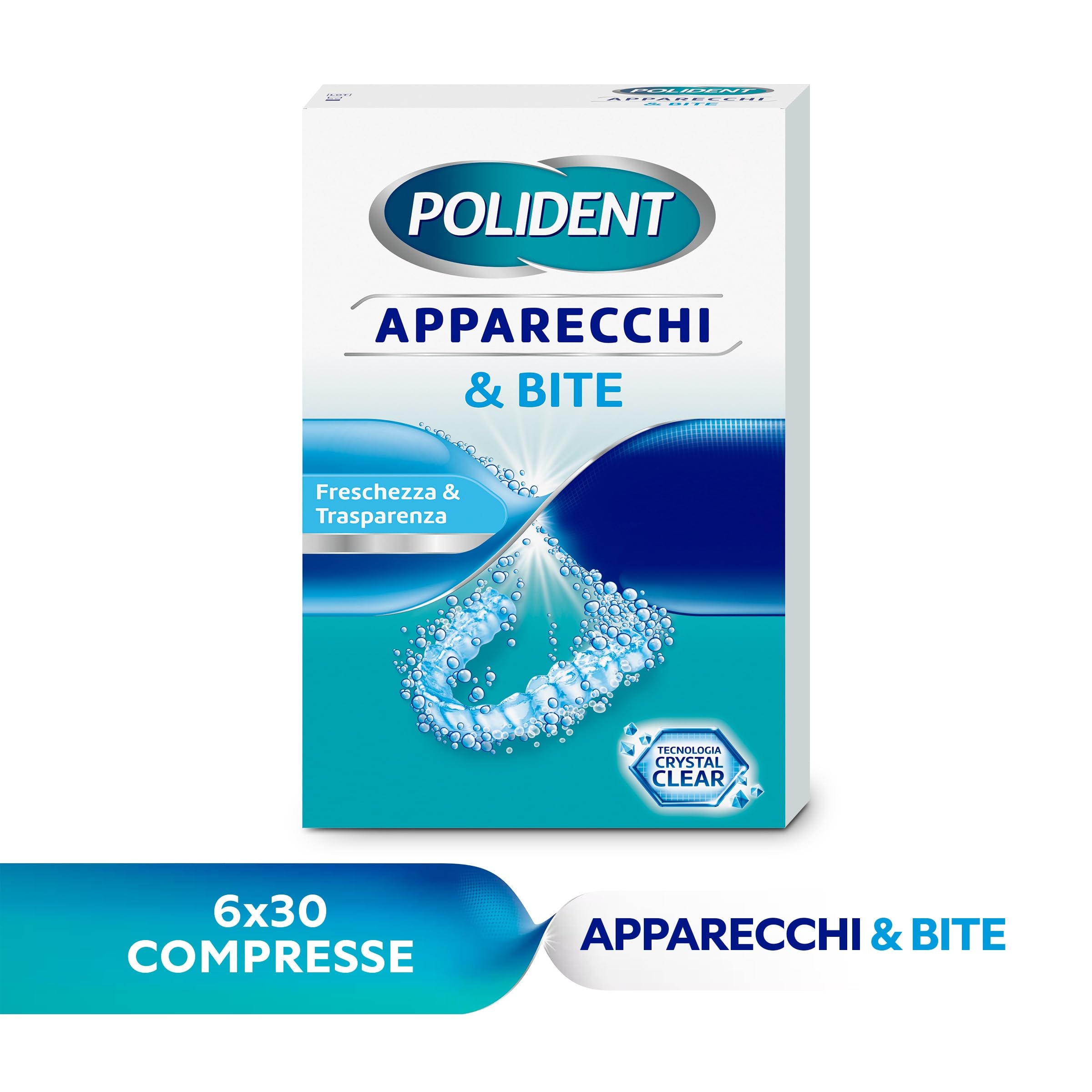 Polident Apparecchi & Bite, Pulitore per Protesi Dentale, Allineatori, Paradenti Sportivi, Bite Anti Bruxismo, Pacco da 6x30 compresse
