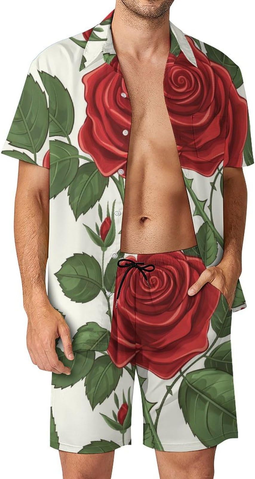 Button-Down Shirt And Short Set Red Rose Flowers Men's Summer Beach Suits Outfit 2 Piece
