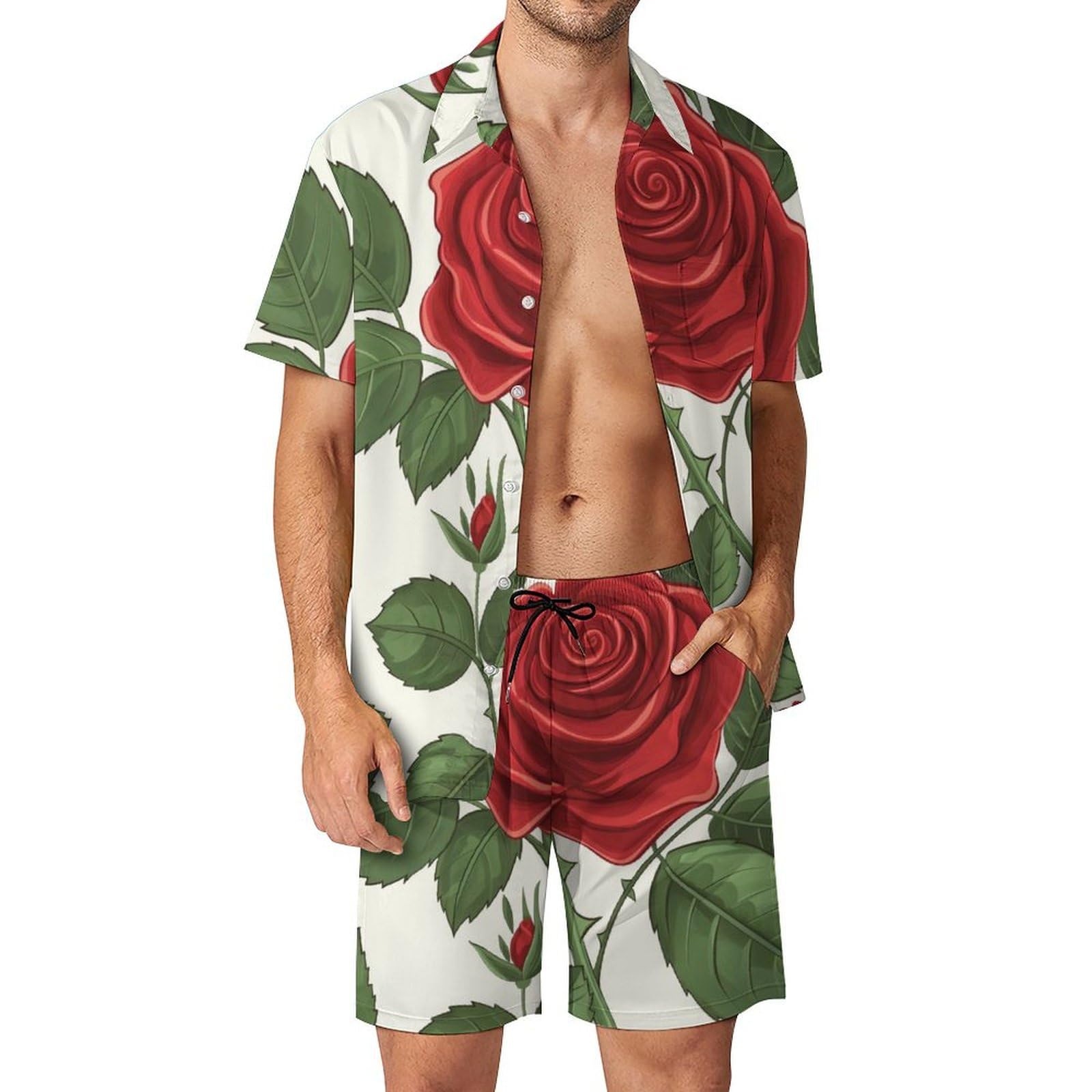 Button-Down Shirt And Short Set Red Rose Flowers Men's Summer Beach Suits Outfit 2 Piece