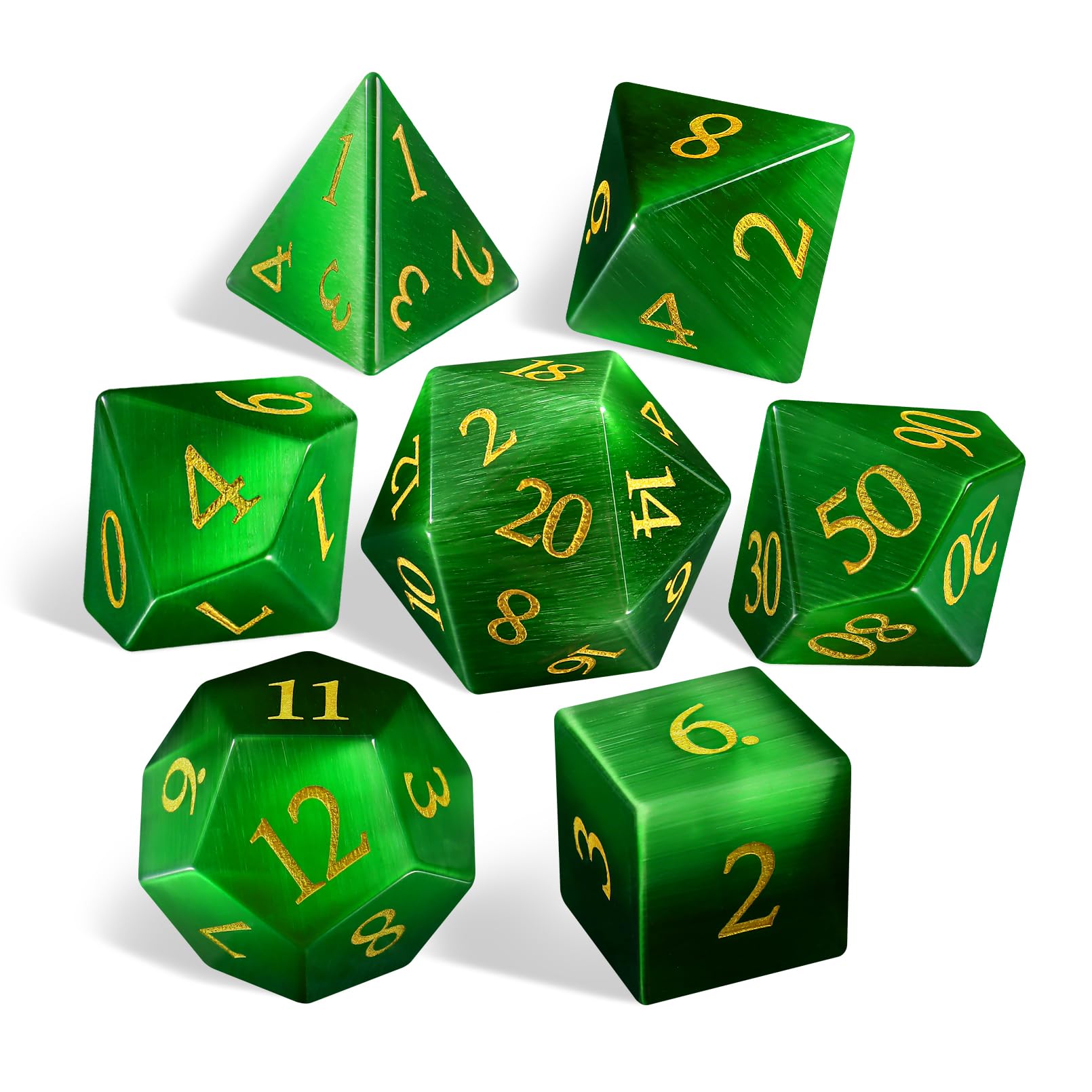 Jeu de dés en pierre précieuse œil de chat, 7 pièces avec boîte, utilisés pour les jeux de dés Donjon et Dragon D4, D6, D8, D10, D12, D20 (œil de chat vert)