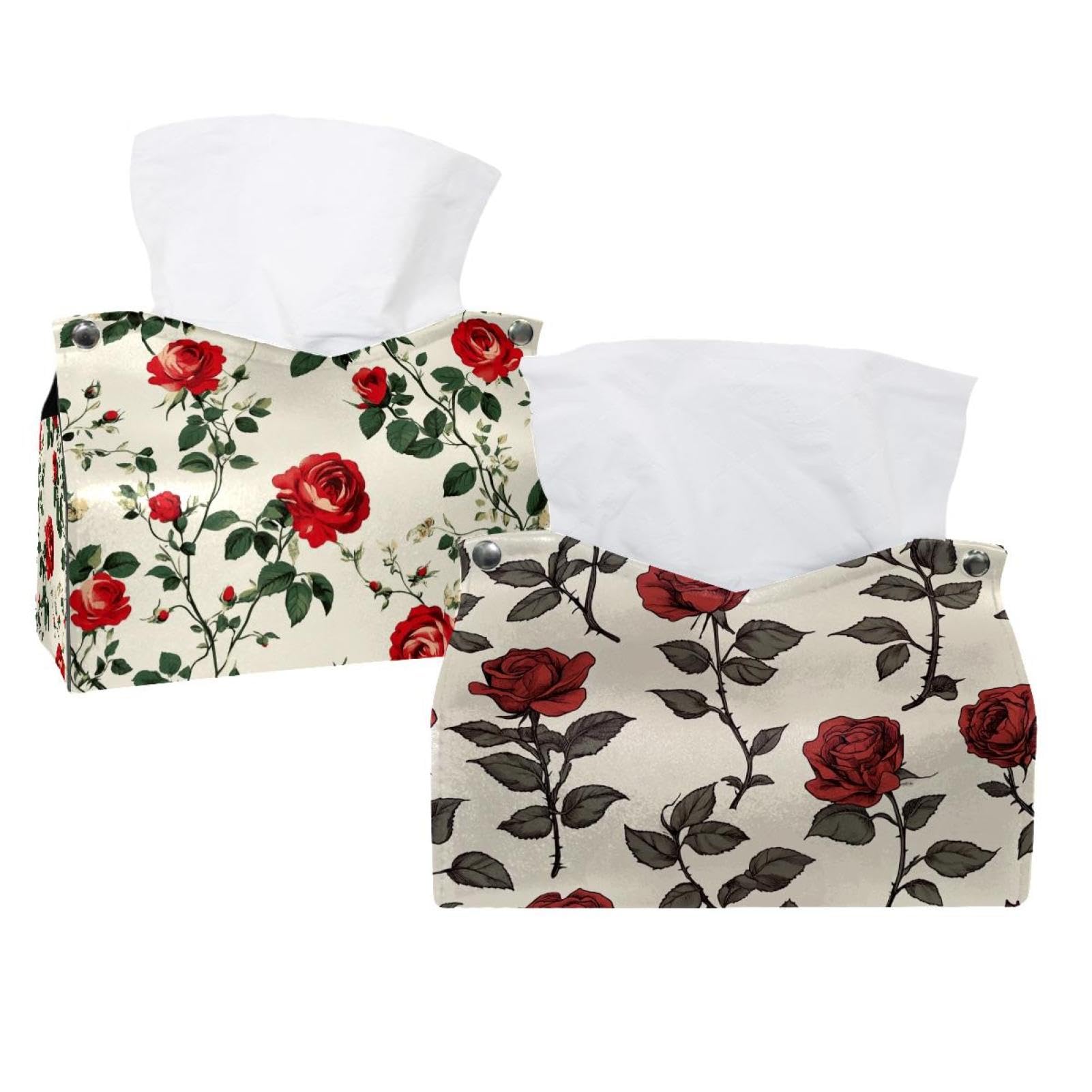 Housse pour boîte à mouchoirs fleurs rouges cachant les cartons laids