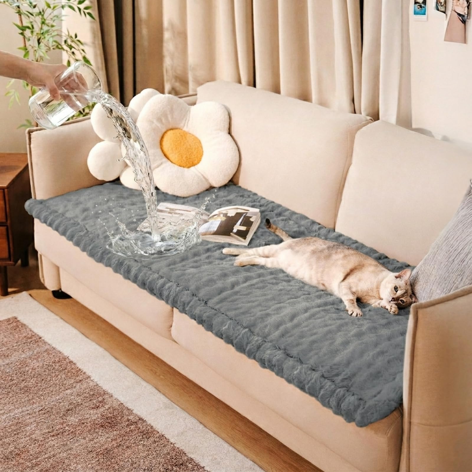 FUNNY FUZZY Waterproof Couch Covers for Dogs Washable, Non Slip Plush Dog Sofa Protectors, Fluffy Pet Couch Covers for 3 Cushion Sofa Pet Friendly, Charcoal Grey, 70×180cm