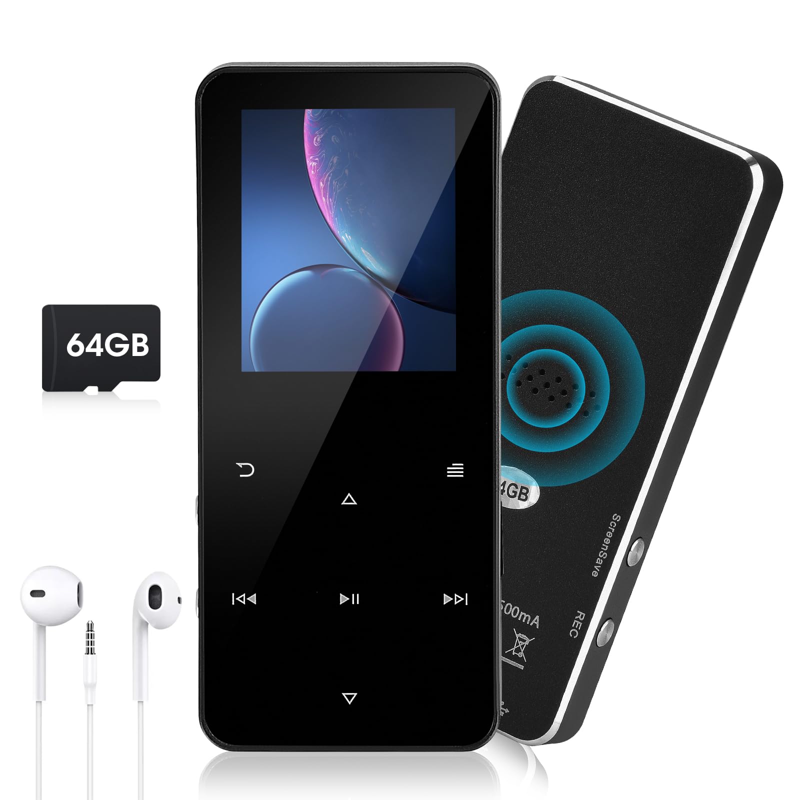 Lecteur MP3 de 64 Go avec Bluetooth 5.0, Lecteur MP3 Enfant Haut-Parleur HD, Enregistreur Vocal, Fonction Réveil, Livre électronique, Extensible à 128 Go, écouteurs Inclus