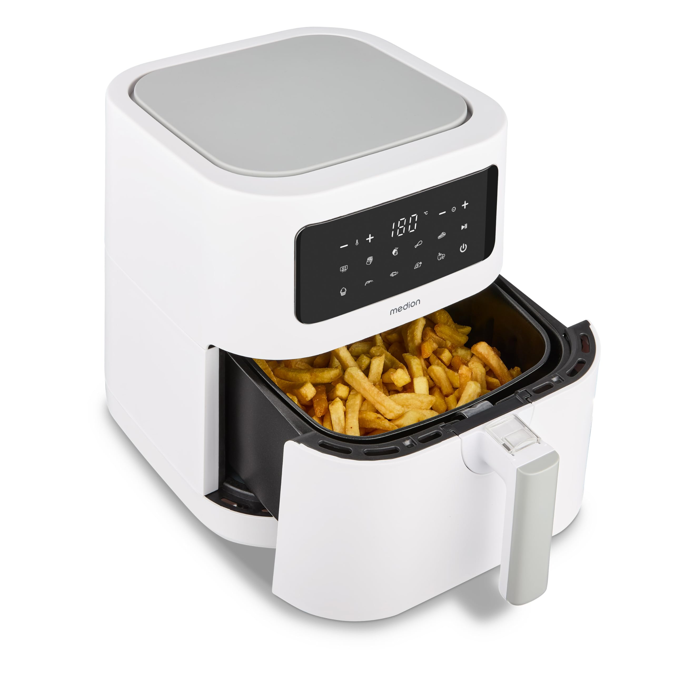 MEDION E40 XL freidora de aire caliente (5,2 L, airfryer, 2 150 W, 9 programas automáticos, función horno, fritura sin aceite, panel táctil, pantalla LED), mate