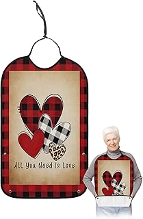 BOBOWUNY Valentine Love Heart Adult Bibs for Elder Women Men Eating, Vintage Red Black Checkered Waterproof & Washable Bibs for Eating Clothing Protector Dining Bibs for Crumb Catcher