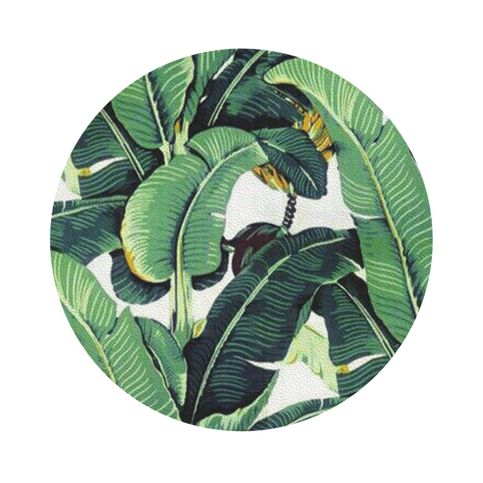 Tropical Banana Palm Leaves PU Leather Coasters Set of 6 Round Drink Coasters