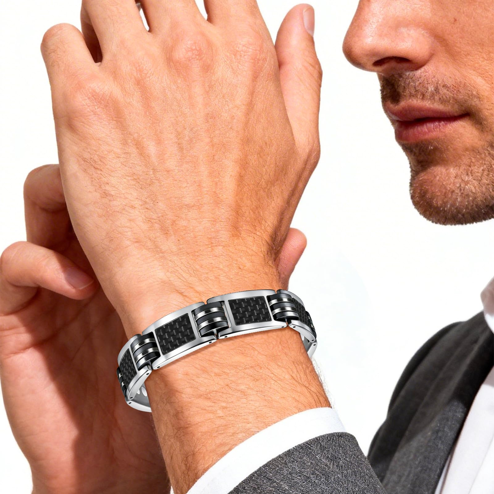 Bracelet magnétique en titane pour homme - Fibre de carbone argentée XL 3500 Gauss - Avec outil de retrait - Étanche
