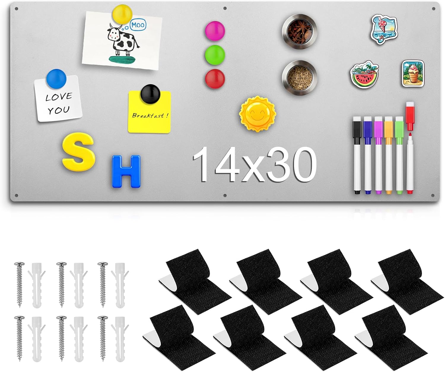 14" x 30" Magnetic Board, Silver Magnet Bulletin Board to Display Magnetic Letters, Metal Board for Wall, Refrigerator Photo, with Dual Lock Tape, Marker Pen