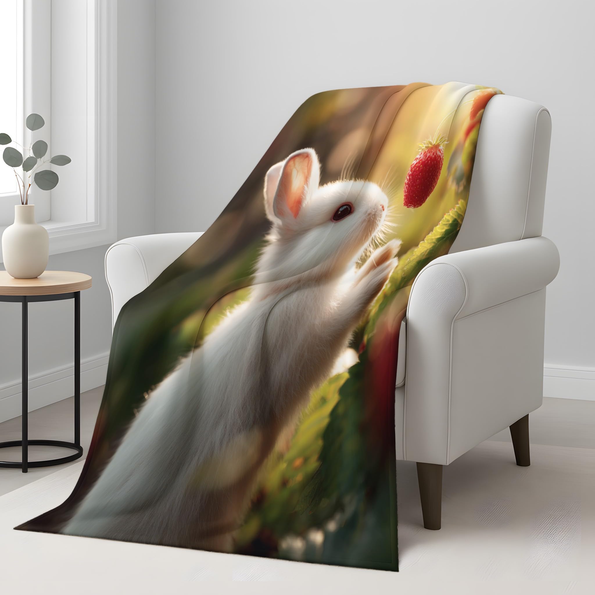 Générique 2-osobowa narzuta na sofę marzycielski świeży flanelowy koc truskawkowy królik pluszowa mikrofibra kosz odpowiedni dla dzieci 180 x 200 cm, biały
