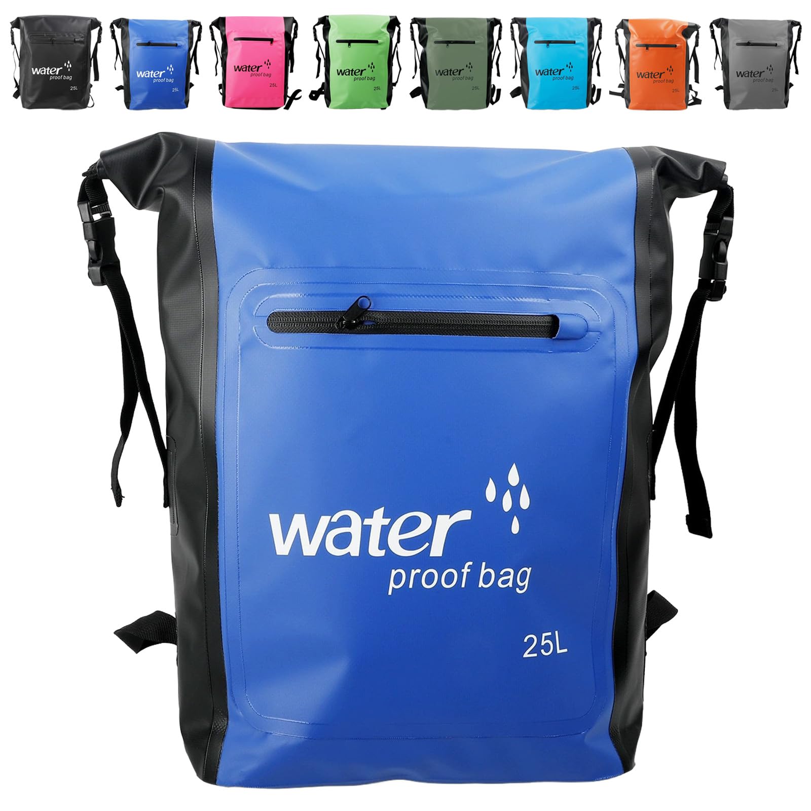 MORAINJAY 25L Waterproof Backpack with Pocket,Large Captity Blue Dry Bag with Long Adjustable Shoulder Strap,500D PVC Reinforced Design Dry Sack for Camping,Swimming,Hiking&Outdoor Adventures