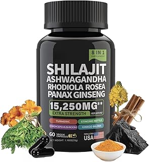 Shilajit Ashwagandha Capsules, 8-in-1 Herbal Multivitamin for Men and Women, with Rhodiola Rosea, Ginseng Turmeric, Mushroom Extract, for Immune Support, Energy, Calm, Focus, Clarity, Sleep (60 Count)