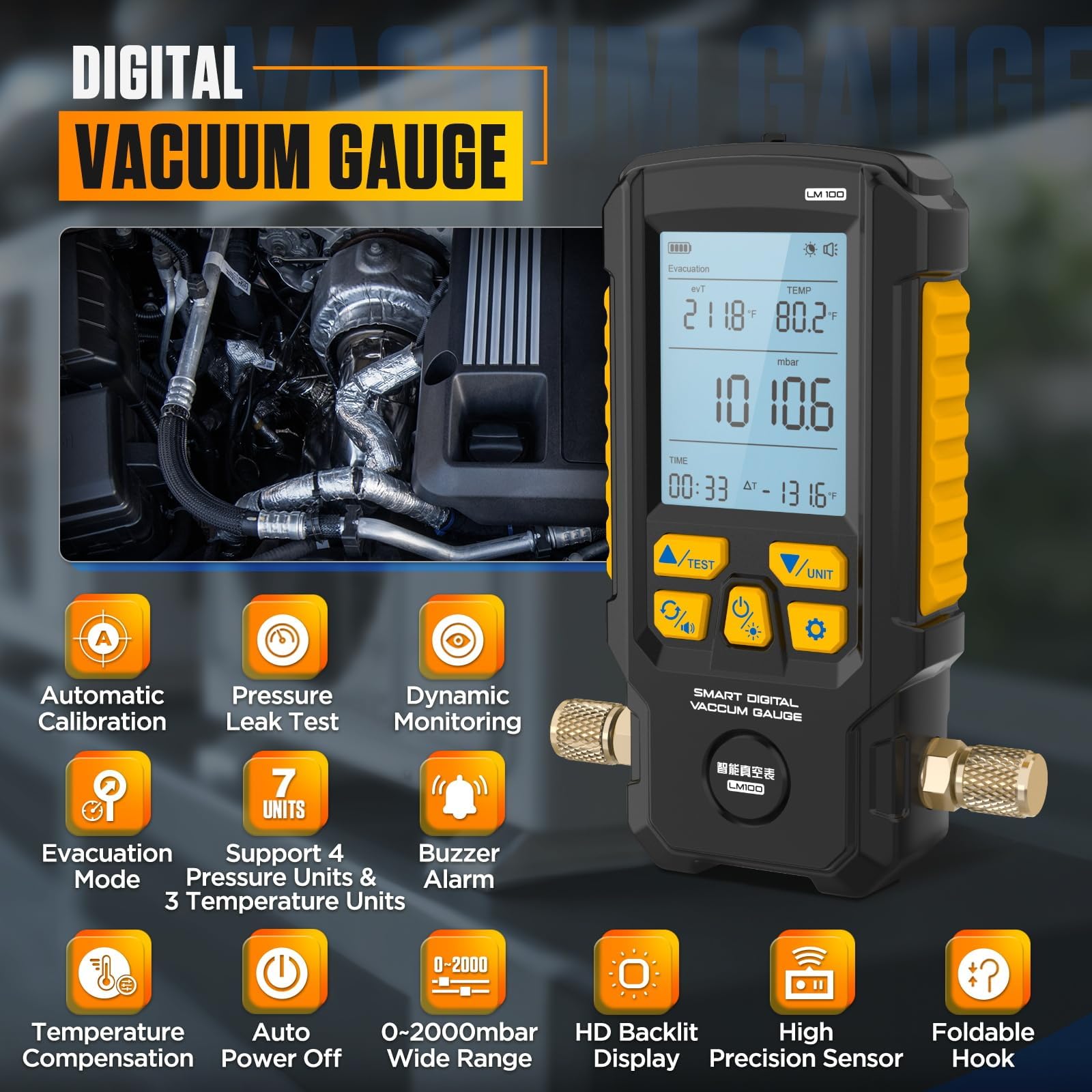 Medidor de vacío digital inteligente LM100, HVAC de 0 a 2000 mbar, resolución de 0,1 mbar, precisión de ±0,2% Medidor de vacío Compensación de temperatura Medidores HVAC con 4 unidades (Torr, inHg, m