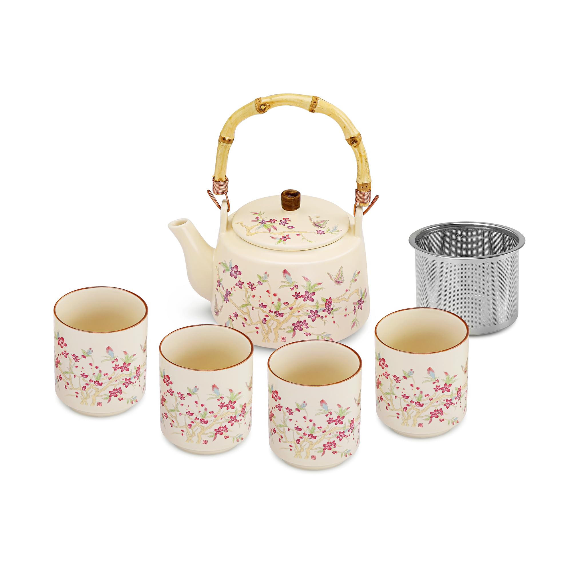 fanquare Juegos de té Kungfu con flores Tetera de porcelana esmaltada amarilla con infusor Tazas de té japonesas para adultos Regalo, una tetera con 4 tazas