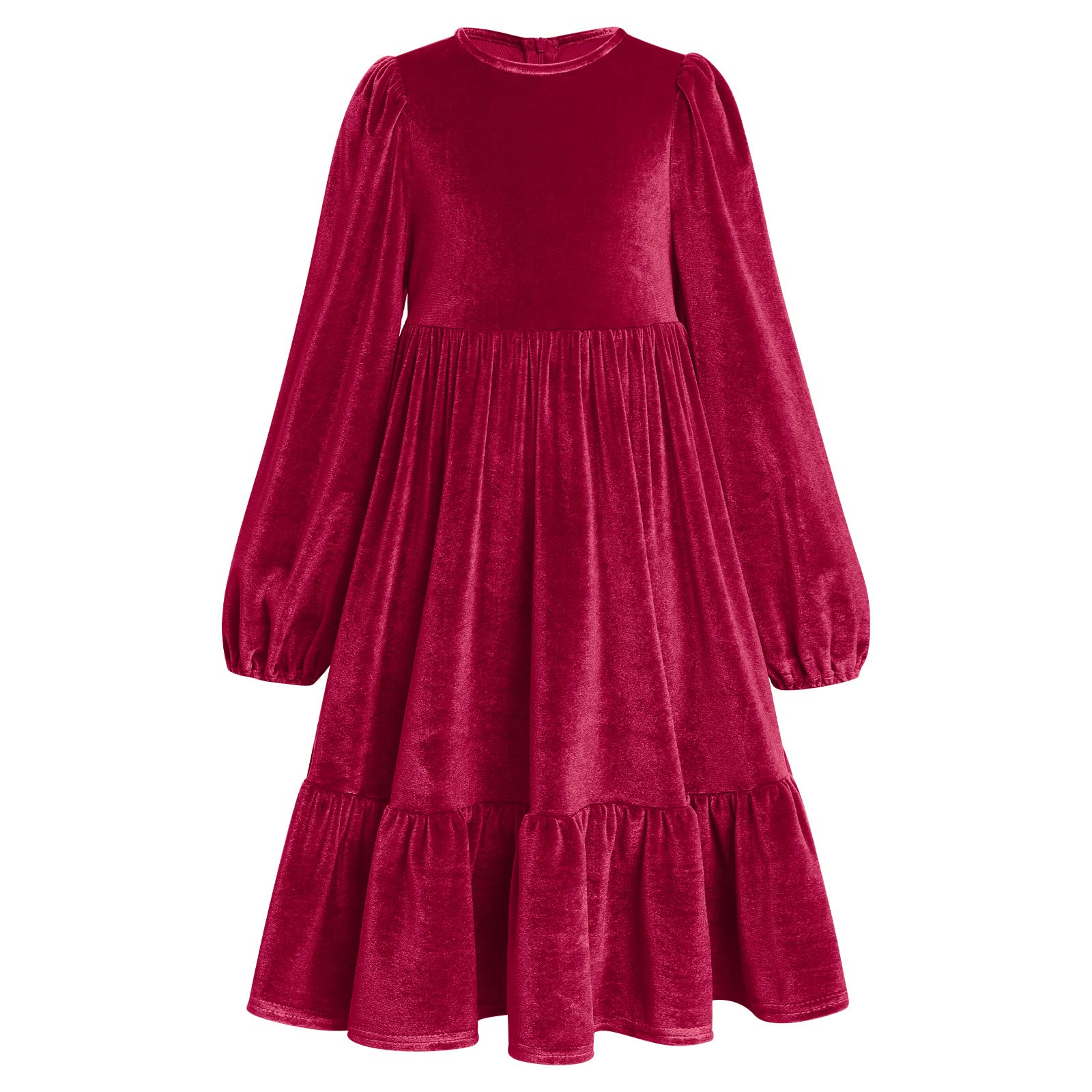 Enfants Filles Robe de Noël Manches Longues Velours Automne Hiver Vêtements Princesse A Ligne Couleur unie Volants Robe de Soirée Anniversaire Fête Concours Robe de Bal, rouge foncé, 9-10 ans