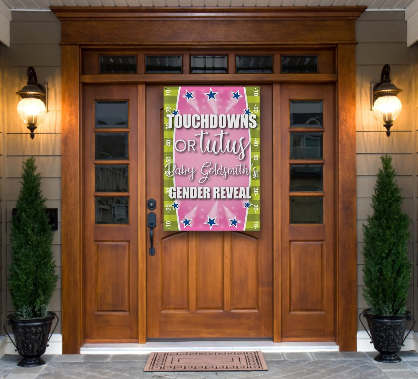 VictoryStore Custom Banner - Gender Reveal Football Door Banner, Touchdowns or Tutus Gender Reveal Waterproof Vinyl Top Corner Grommets (2x3 Feet)