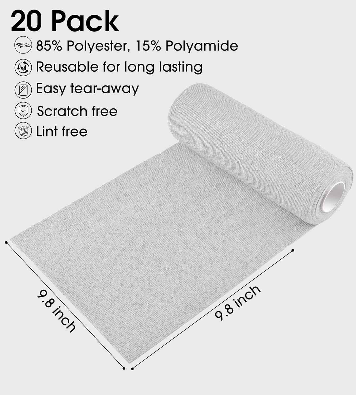 iYOGIzz Microfiber Cleaning Cloth Roll, 20 Pack, Reusable Washable Towels, 25 x 25 cm, Grey 1