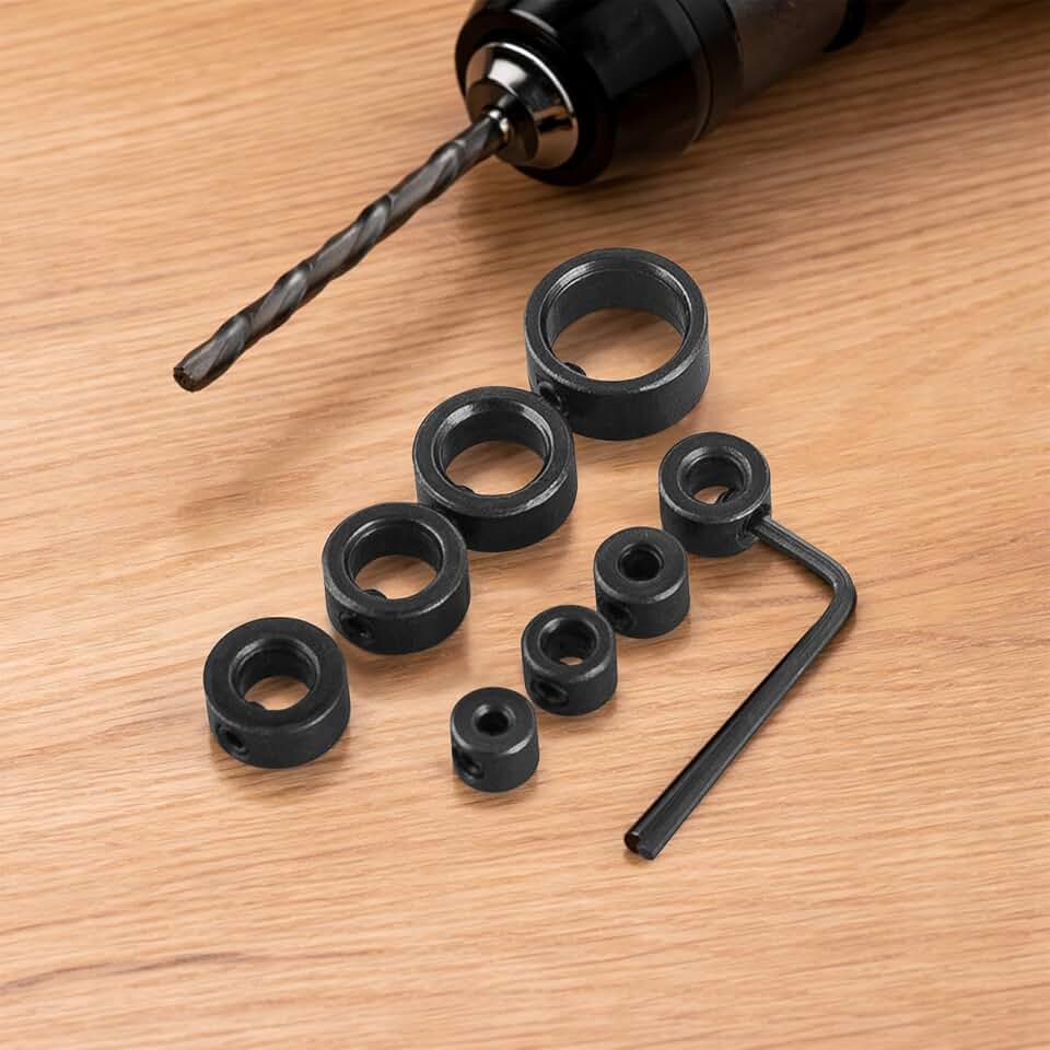 Conjunto de colar de batente de profundidade de broca de 8 peças - anéis limite de aço ajustáveis para marcenaria - Guia de profundidade de precisão e kit de posicionador para perfuração DIY - Inclui