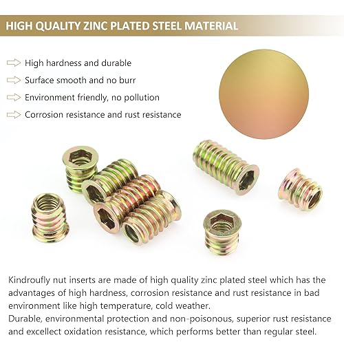 Miniatura 2 de Insertos roscados de 5/16"-0.709 x 0.984 in, acero al carbono chapado en zinc, con llave hexagonal para tornillos de muebles de madera, 26 piezas