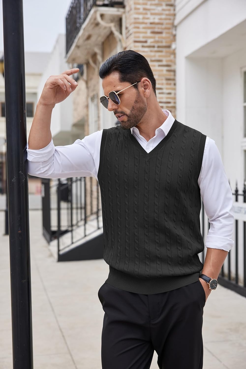 COOFANDY Men's Sweater Vest Cable Knitted V Neck Slim Fit Sleeveless Pullover Sweater - Image 7