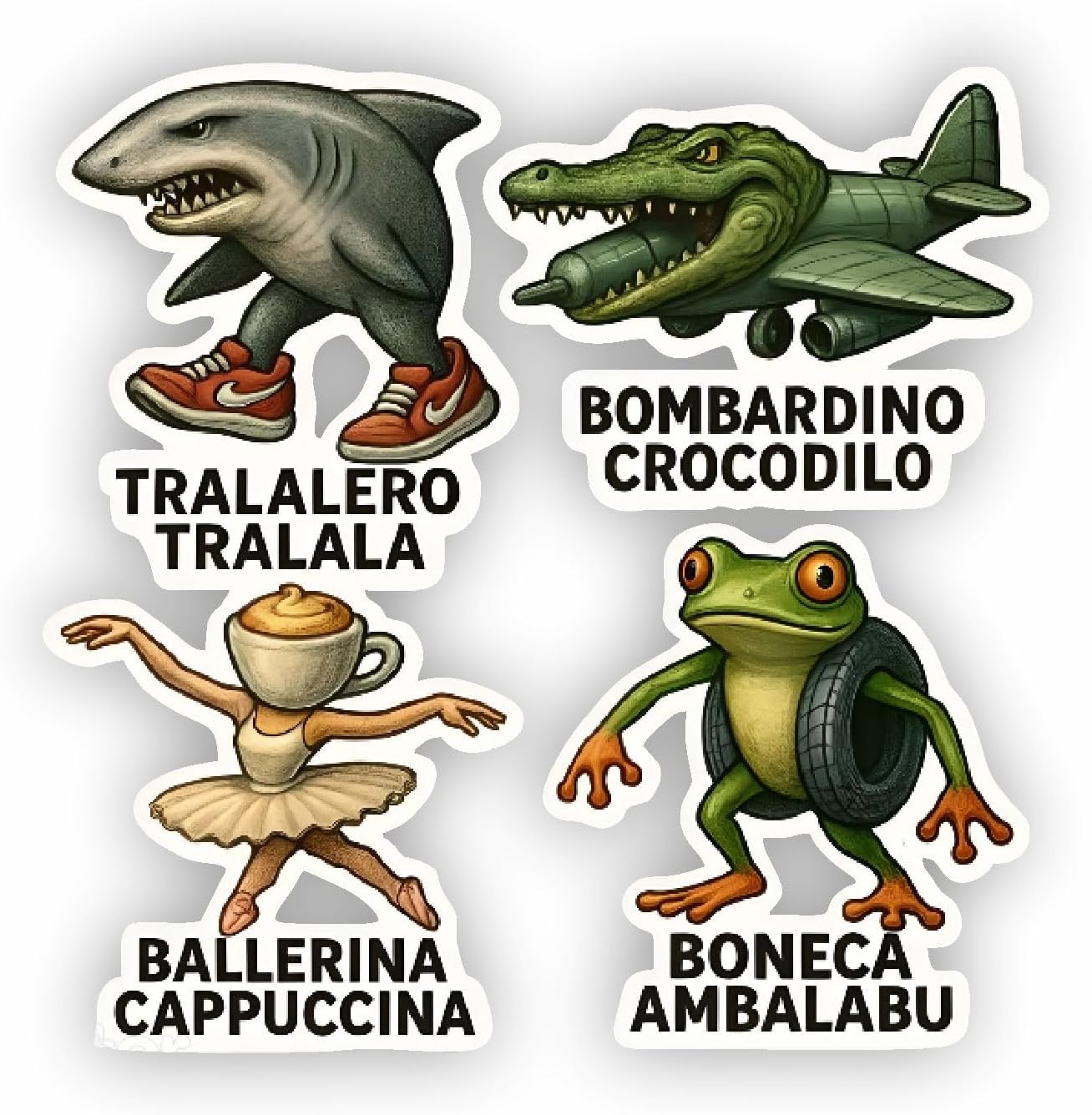 Italian Brainrot Characters Sticker Pack – Waterproof Funny Decals for Laptop, Wall, Car, Window, Bumper, Water Bottle, Auto, Truck – AI-Style Shark, Frog, Crocodile, Ballerina Meme Art – Variation 1