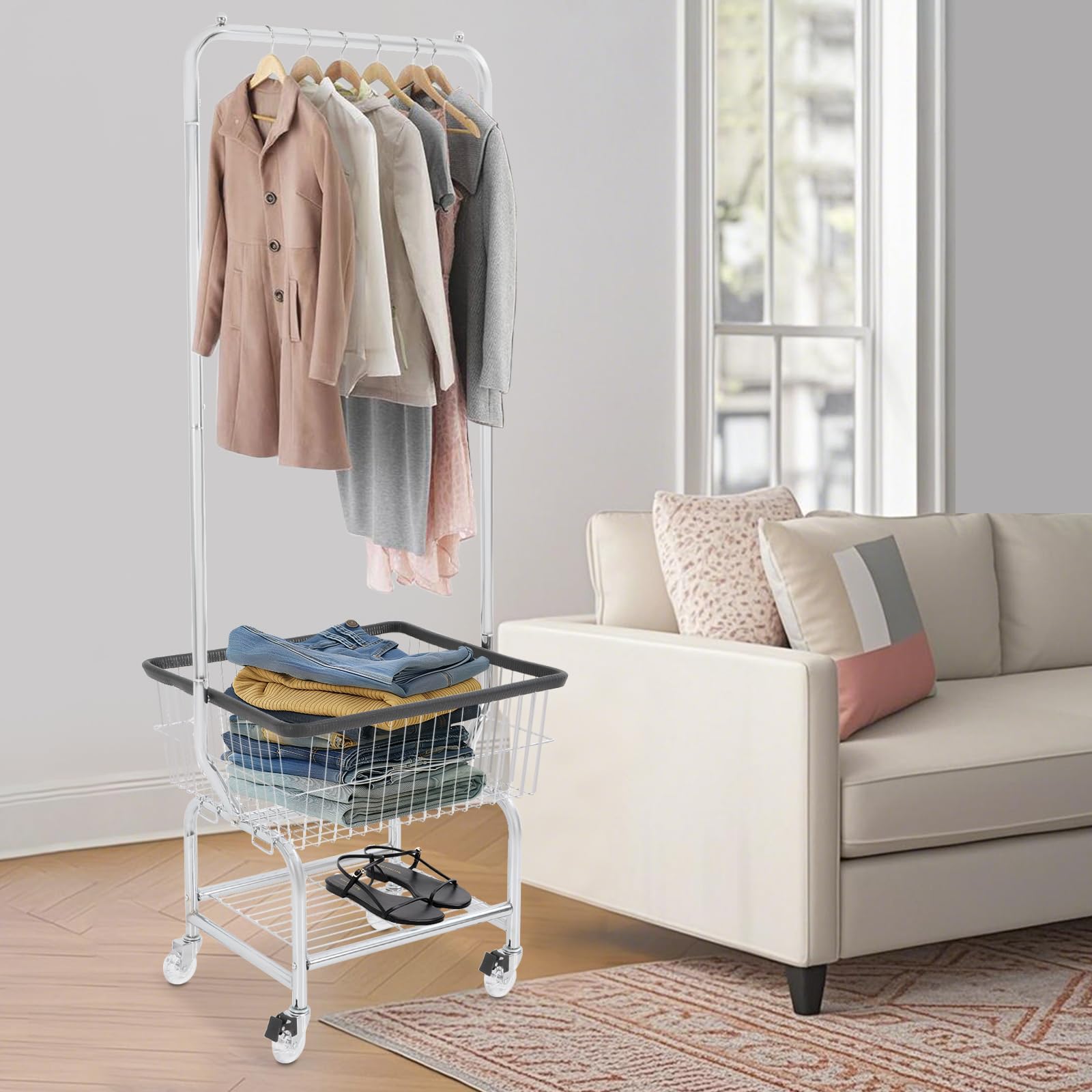 Commercial Wire Laundry Cart,Rolling Clothes Cart with Hanging Bar and Storage Shelf,Black Trim Openwork Mesh Steel Wire Laundry Cart for Families,Living Rooms, Bedrooms