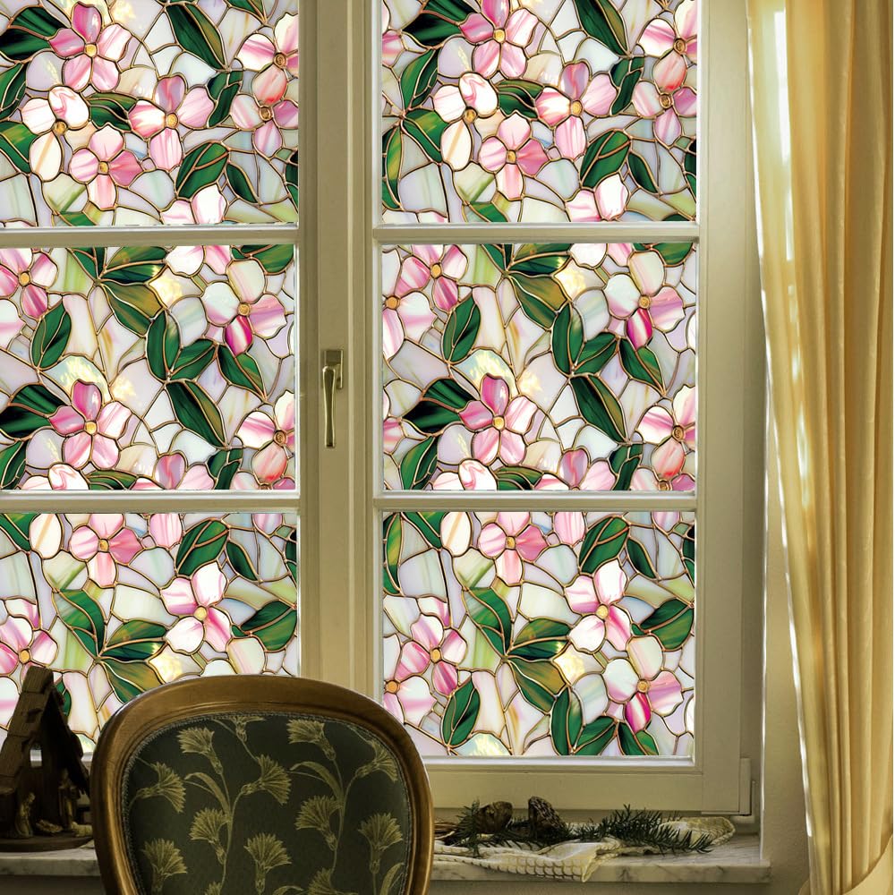 Lwlfc Pink Window Film Privacy 45X100cm Wide Flowers One Way Stained Glass Blackout,Opaque Window Tint,Bathroom Window Cover Self Adhesive Patterned