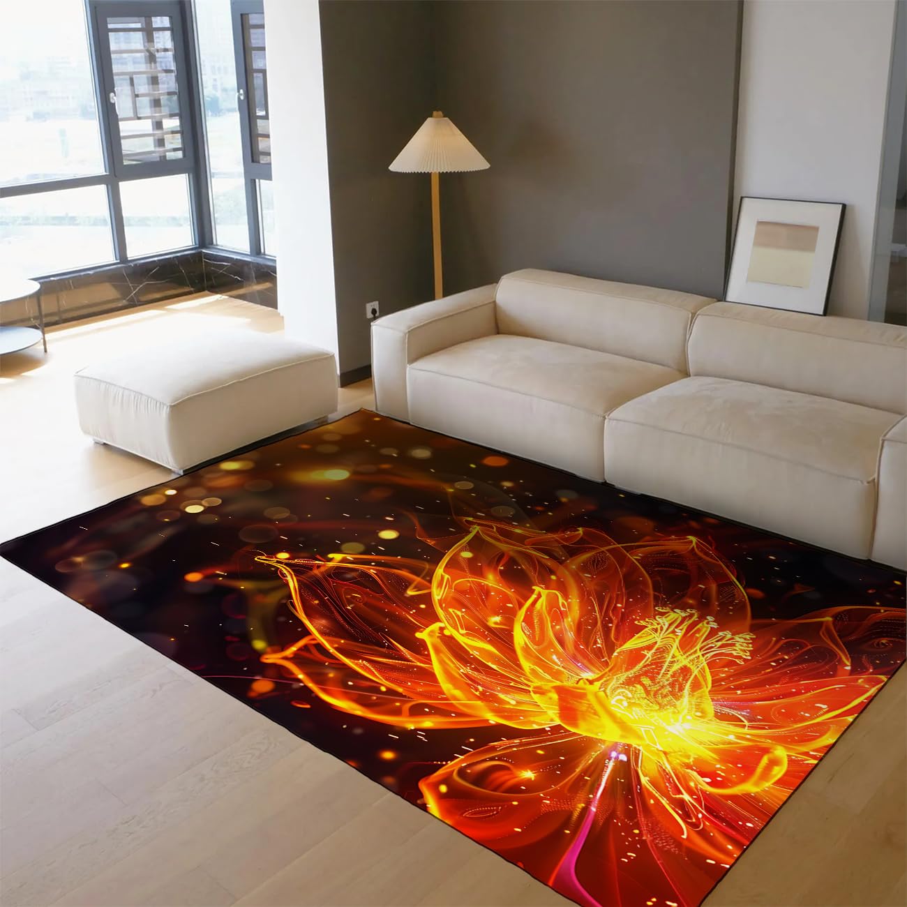 Tapis de salon lotus néon oriental doux pour une chambre cosy