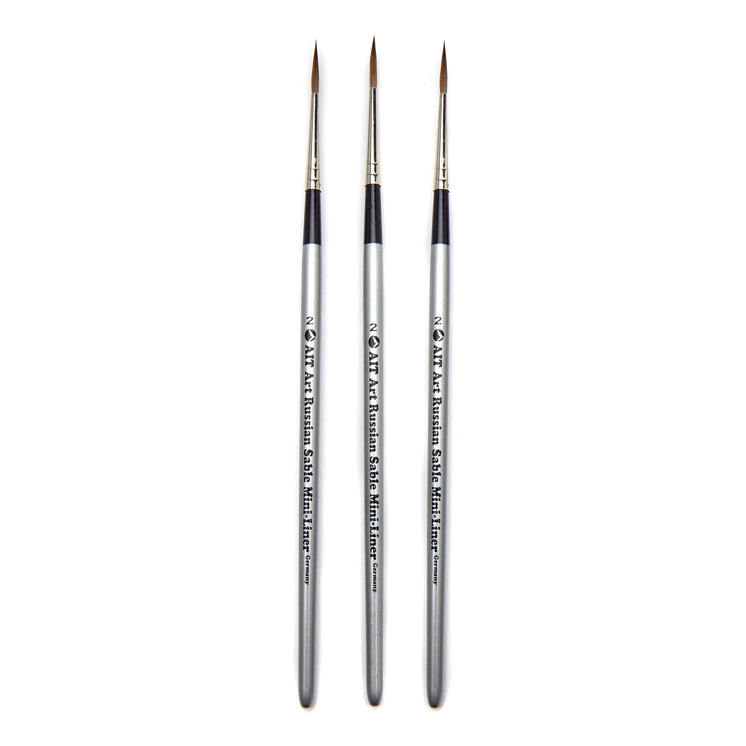 Pinceles seleccionados, Mini-Liner, Pinceles, Paquete de 3, Sable Rojo Ruso Puro, para elaborar exquisitos Detalles con óleo, acrílico o Acuarelas (Tamaño: 2)