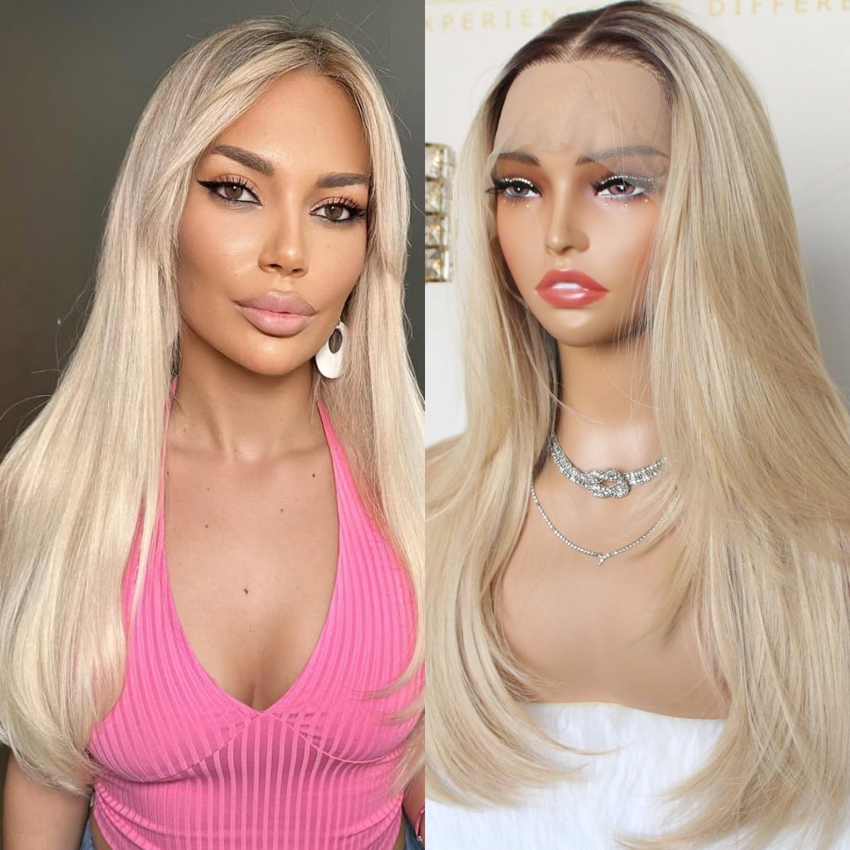 musescoo 13x6 Wear and Go Ombre Blonde Wig Lace Front Wig with Brown Root Pre Plucked Glueless for Beginner Layered Straight Natural Looking Wig for