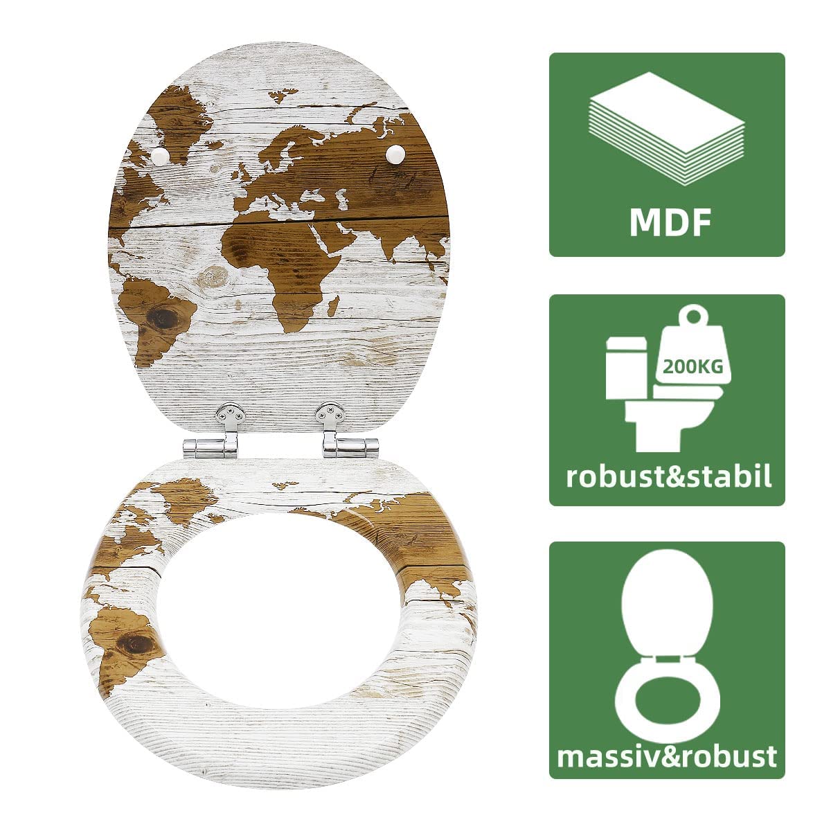 WC Sitz mit Absenkautomatik, Hochwertiger Toilettendeckel Stabil und Wackelt Nicht, MDF Holzkern Klodeckel, Einfache Montage Toilettensitz, viele Schöne Motive (Weltkarte)