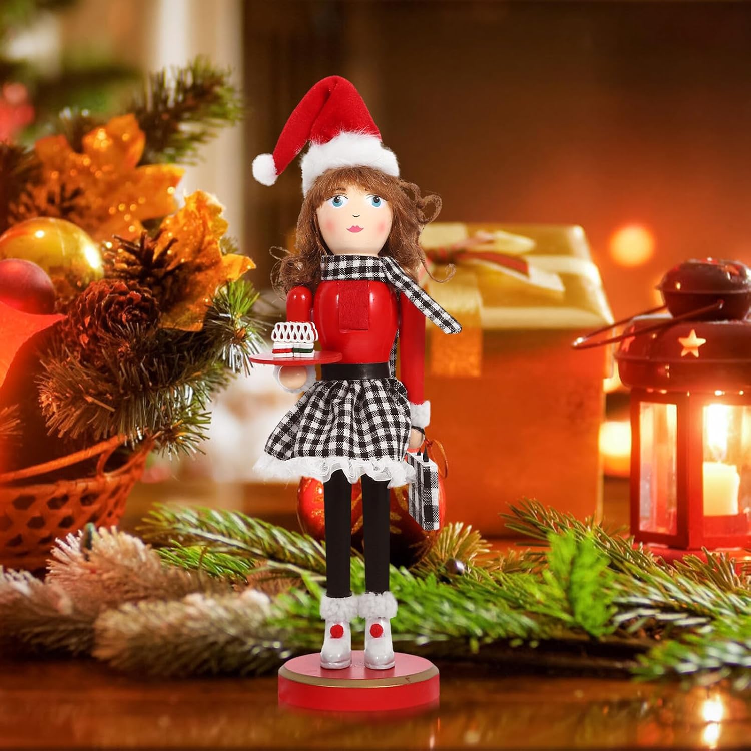 Cabilock Christmas Nutcracker Figurine Wooden Nutcracker Decoration 38cm Tall Lady Holding Dessert Xmas Party Favor Festive Holiday Home Decor