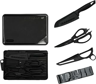 Camping Kitchen Knife Set, 4-Piece Compact Cooking Tool Set with Santoku Knife, Kitchen Scissors, Vegetable Peeler & Cutting Board, Portable Food Prep Set for Camping, RV & Outdoor Cooking