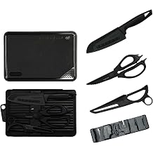Camping Kitchen Knife Set, 4-Piece Compact Cooking Tool Set with Santoku Knife, Kitchen Scissors, Vegetable Peeler & Cutting Board, Portable Food Prep Set for Camping, RV & Outdoor Cooking