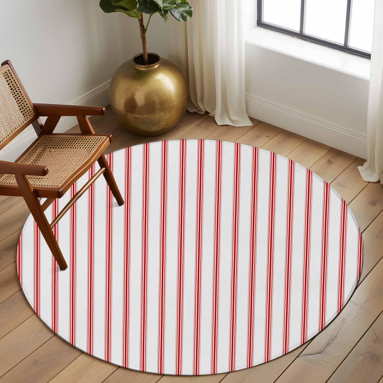 Alfombra redonda lavable a rayas rojas, alfombra suave antideslizante para el hogar y la oficina, decoración de granja, suelo estético para interiores, elegantes rayas rojas y blancas