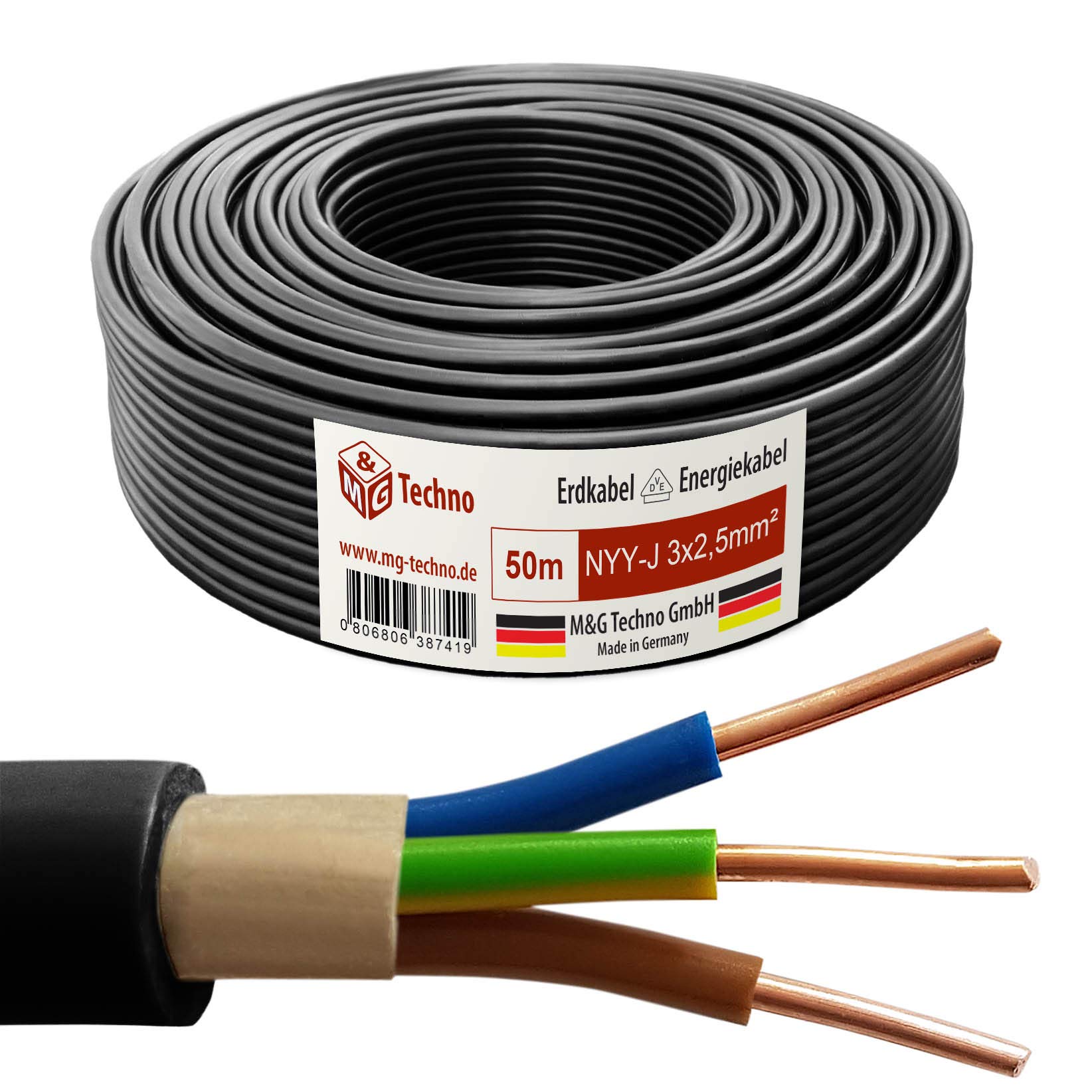 M&G Techno 50m NYY-J 3x2,5 mmІ Erdkabel Elektrokabel Beton und Freien Kupfer Made in Germany 10658, schwarz