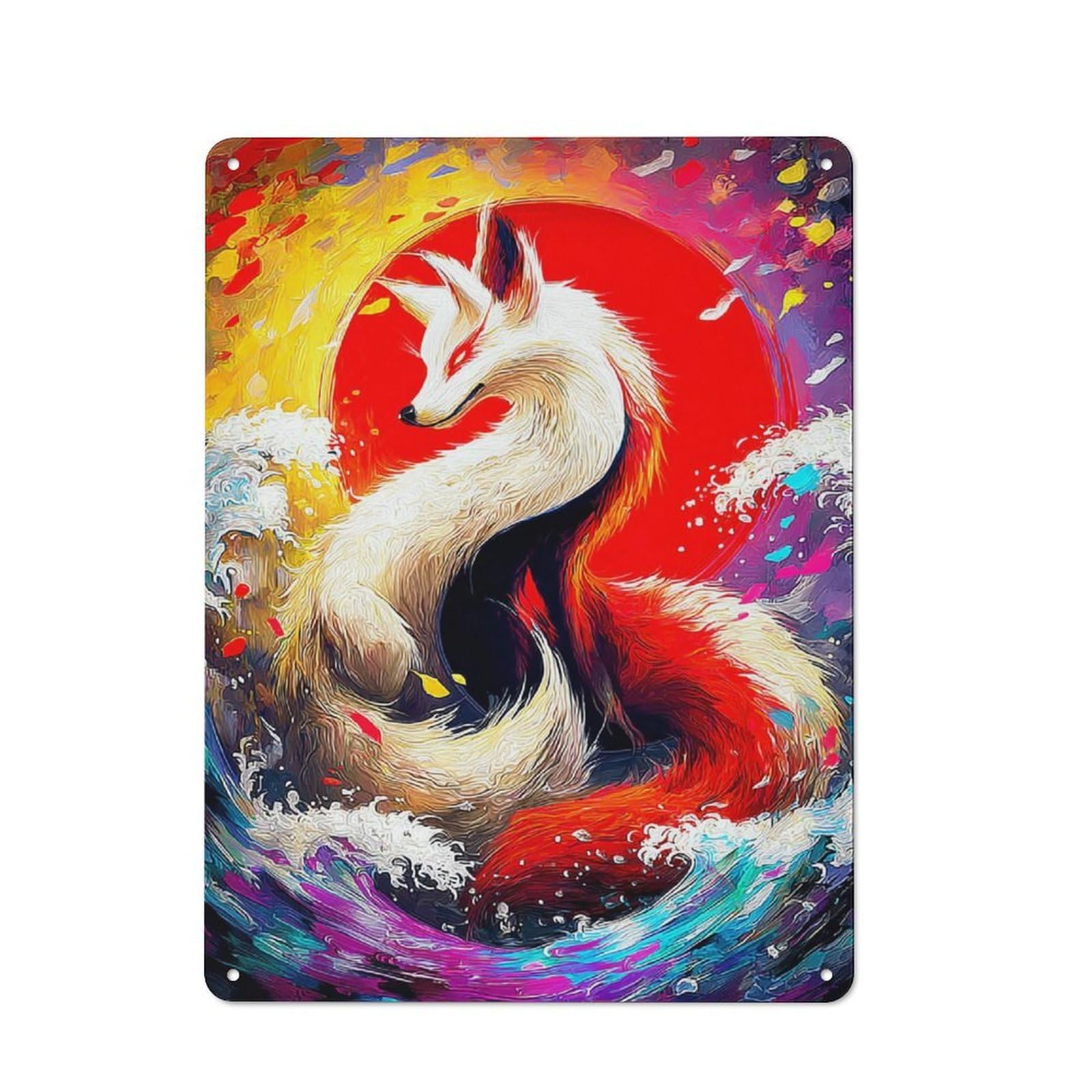 Junmoney Fox Spirit In Flames Clean Industrial Industrial Metal Sign 40X30cm, Studio Wall Art For Loft, Studio, Office Or Creative Room