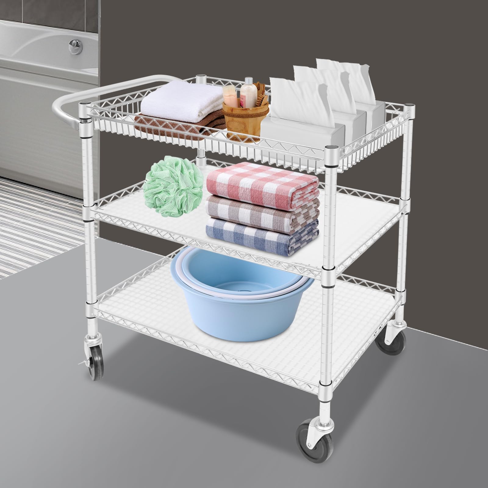 Carrello di servizio in acciaio al carbonio, 3 livelli, 4 ruote girevoli (2 con freni), capacità 150 kg per scaffale, vassoi in PP regolabili, per cucina, hotel e casa